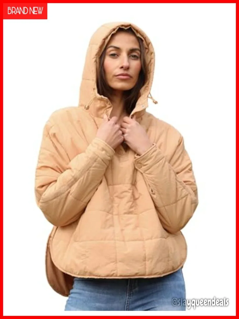 Nylon Pullover Puffer Jacket Quilted Dolman Sleeve Hooded Button Down